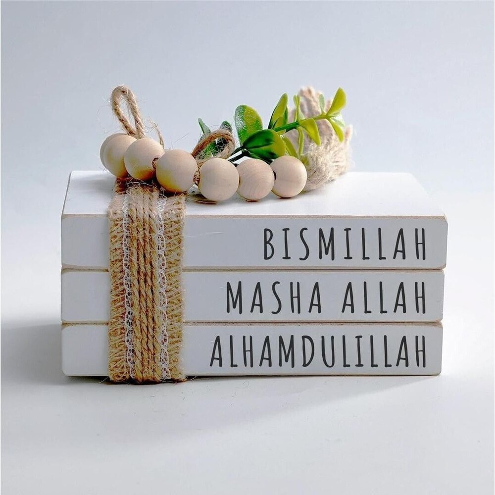 Dazingart Islamic Wooden Book Stack, Bismillah MashaAllah Alhamdulillah, Farmhou